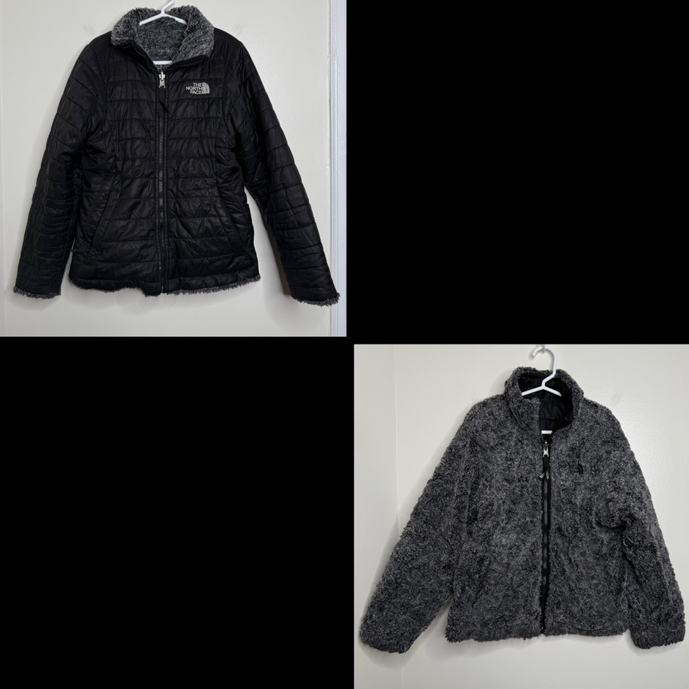 Kids The North Face Reversible Puffer Coat Black Gray Girls Size Small 7/8